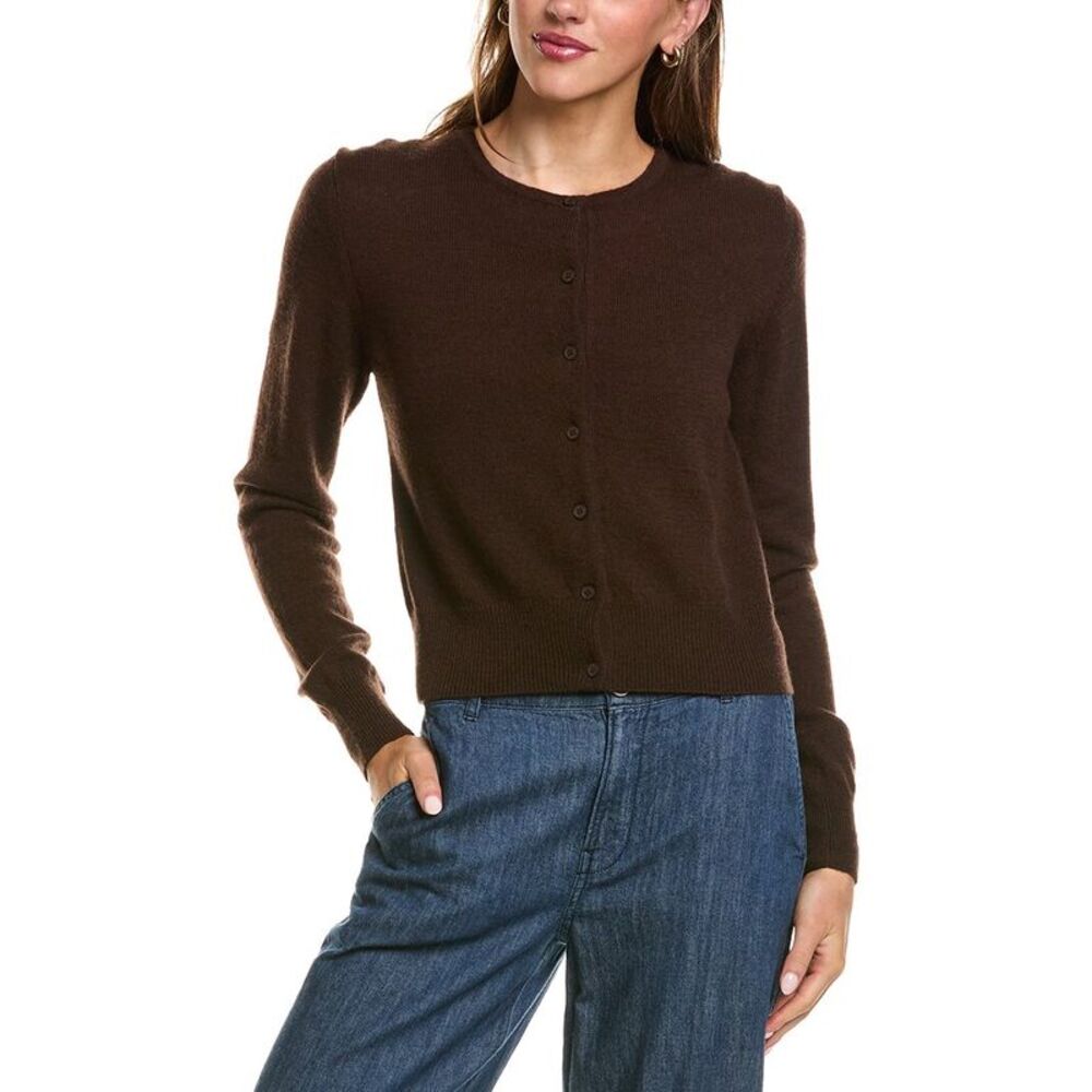 Forte Cashmere Womens Basic Cropped Button 100% Cashmere Cardigan, Brown